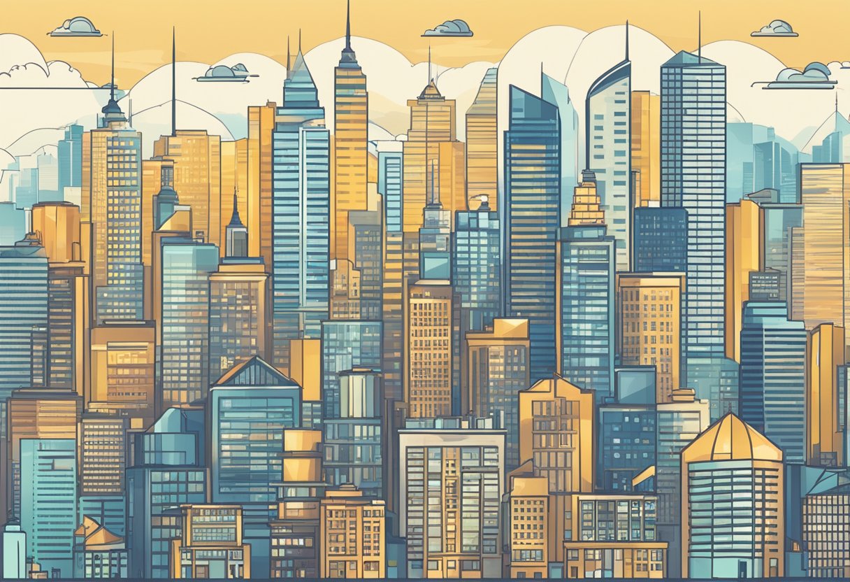 A bustling city skyline with financial buildings and graphs showing growth and stability in the pension fund market
