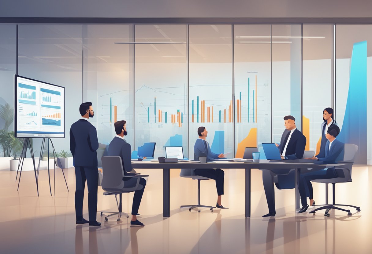 A group of financial regulators discussing compliance measures in a modern office setting with charts and graphs displayed on digital screens