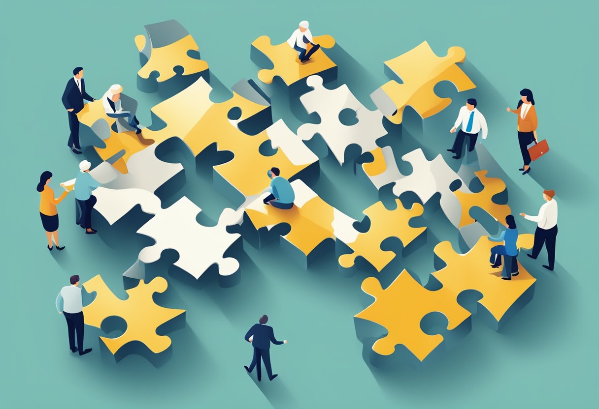 A group of puzzle pieces coming together to form a larger, unified structure, symbolizing the consolidation and mergers in Australia's pension fund market