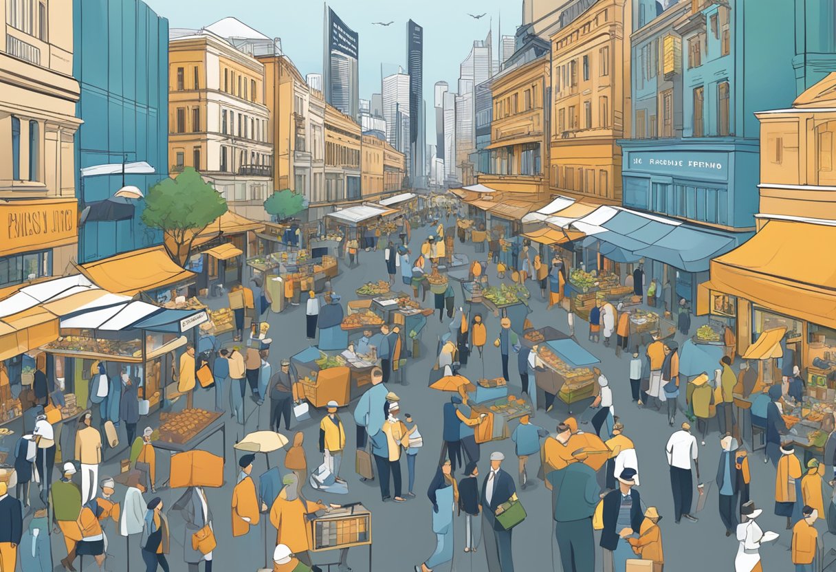 A bustling market with various pension fund services on display, showcasing trends and insights in Australia
