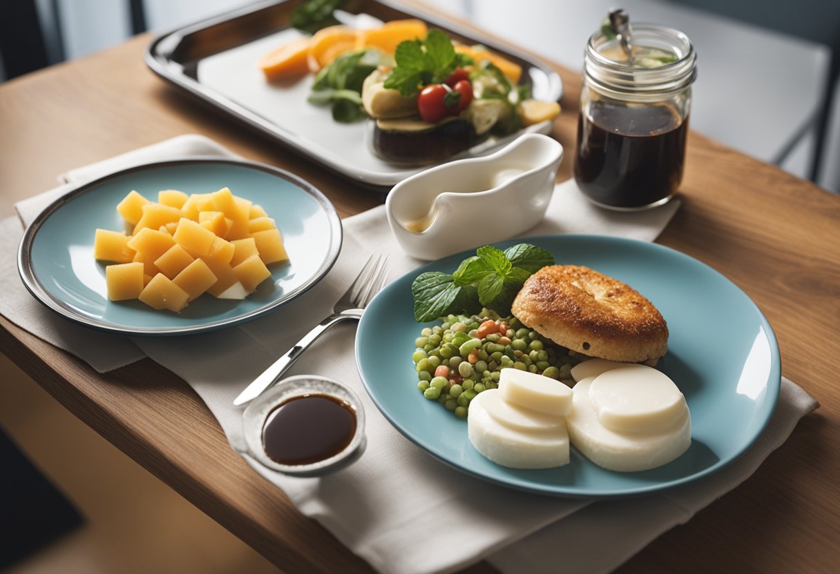 A table with two plates of food, one with low sugar items and the other with high sugar items. A glucose meter and insulin pen are also present