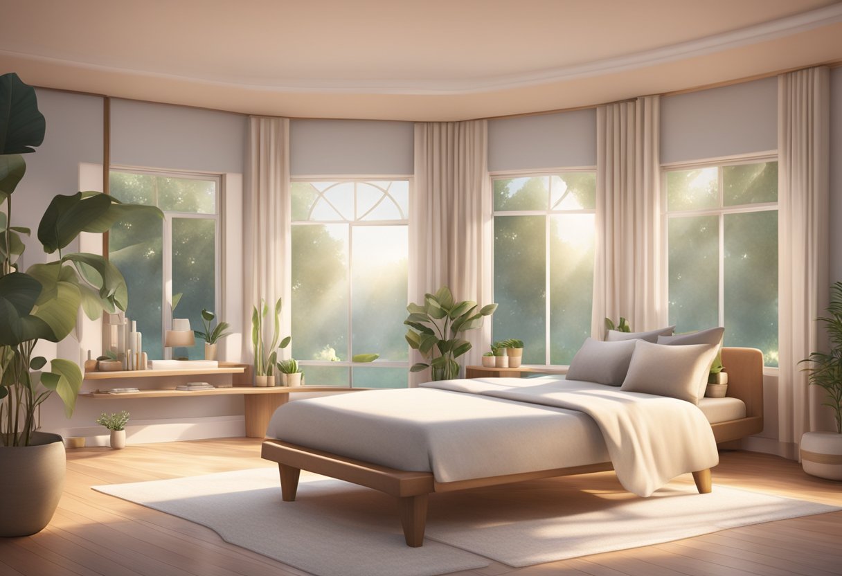 A serene bedroom with a cozy massage table, soft lighting, and calming décor. A peaceful atmosphere with gentle music playing in the background