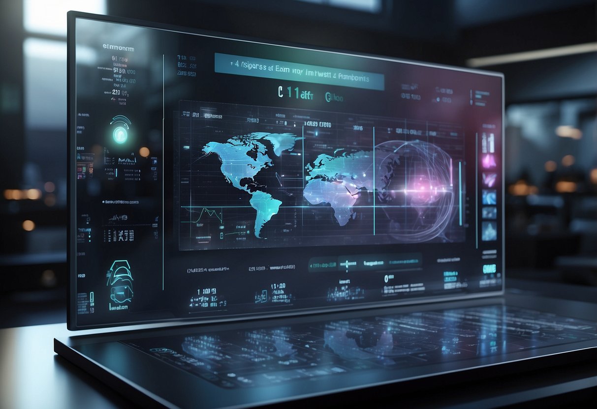 A futuristic AI interface analyzes sales data on a holographic display, suggesting personalized strategies for each customer