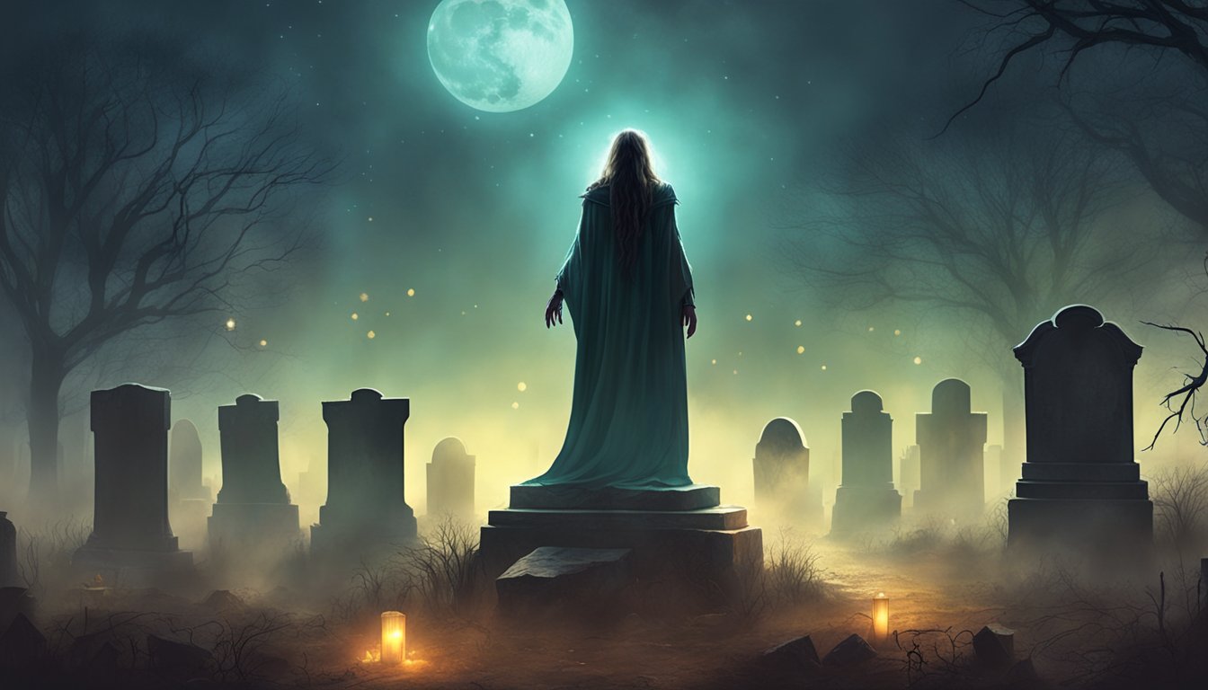 A zombie standing in a dark, foggy cemetery, with decaying tombstones and eerie moonlight casting shadows