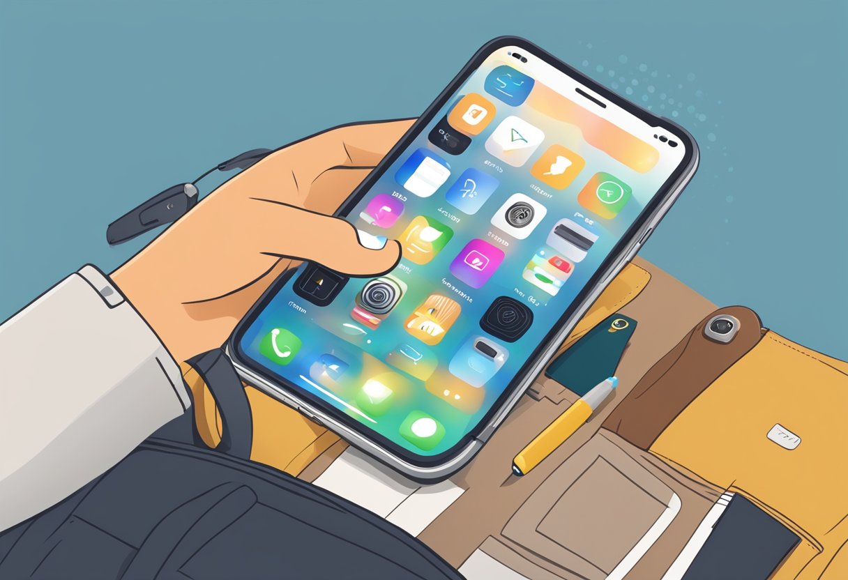 A hand reaches into a cluttered bag, pulling out a sleek iPhone. The screen lights up as the hand taps the "Find My iPhone" app icon