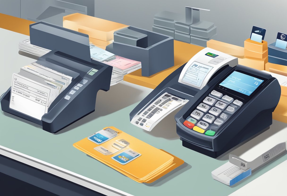 Credit card machines arranged on a store counter, with a customer's receipt being printed