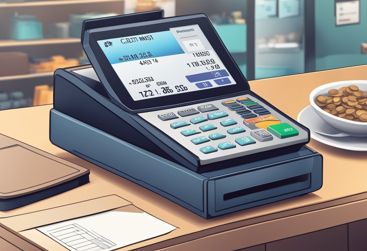 A credit card machine sits on a counter, with a customer's card inserted and the display showing the payment amount