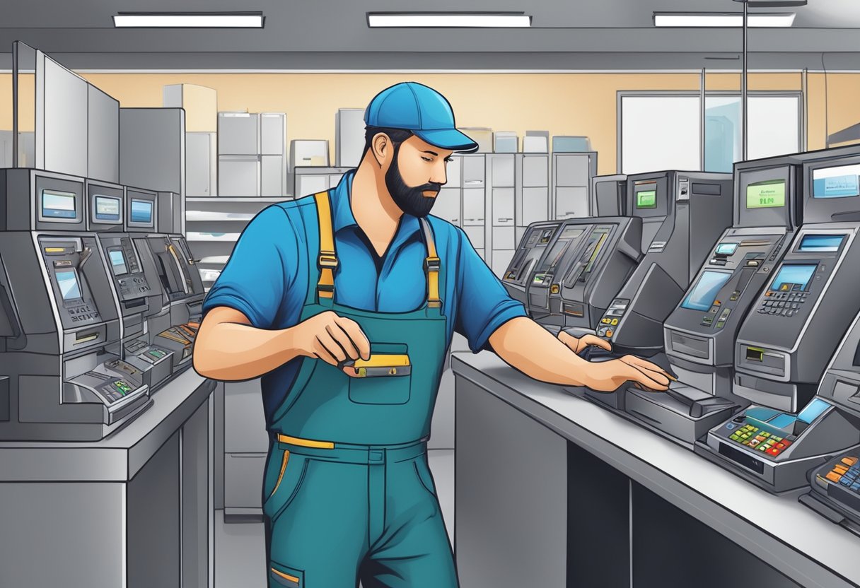 A technician maintaining and servicing card machines