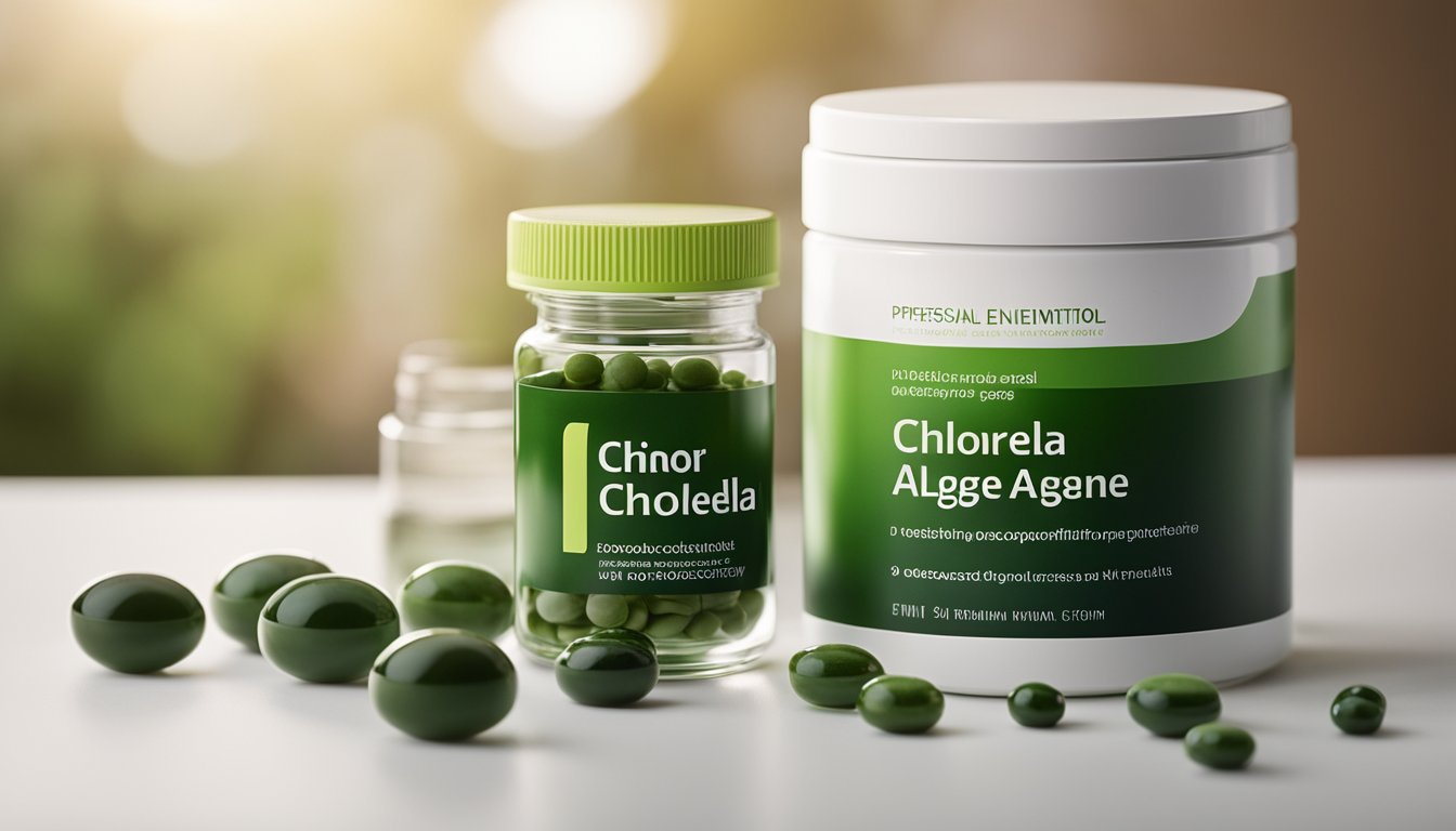 A jar of chlorella algae with a daily dosage label, surrounded by detoxifying supplements and a glass of water