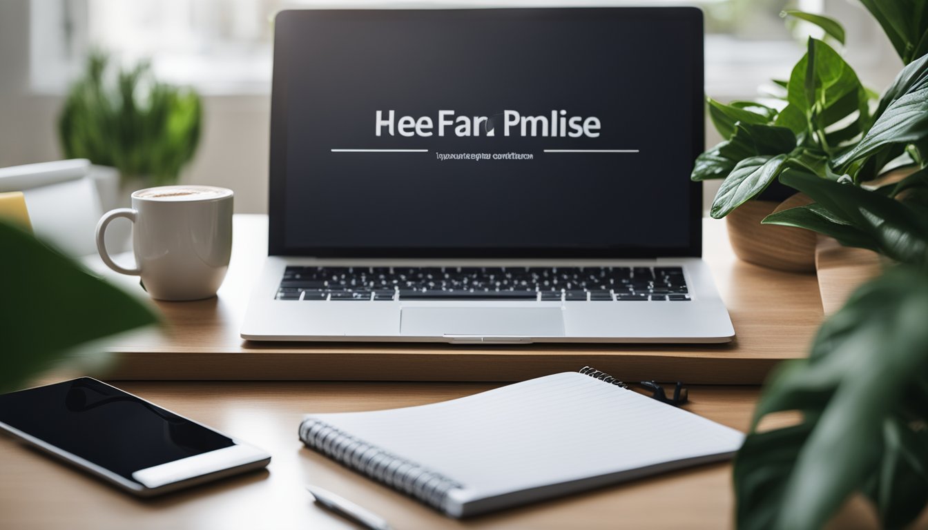 A desk with a laptop, notepad, and pen. A press release template and guidelines on the wall. A cup of coffee and a plant on the side