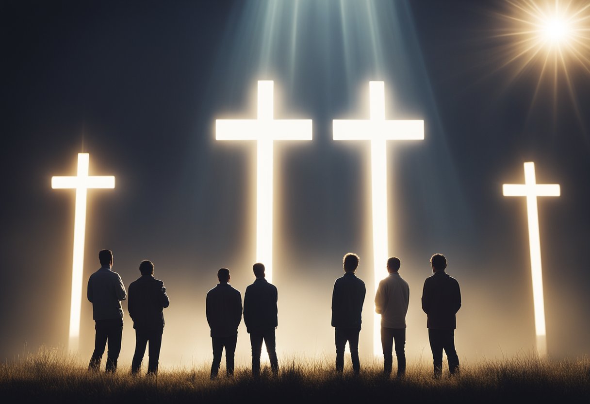 A group of believers gather around a glowing cross, heads bowed in prayer, as rays of light shine down from above