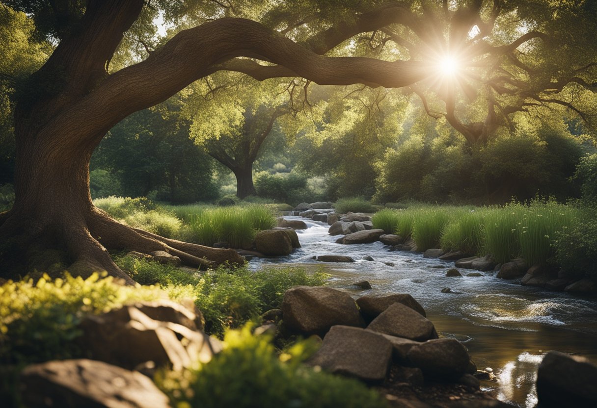 A peaceful, sunlit garden with a sturdy oak tree and a flowing stream, symbolizing unwavering faith and comfort for Christians