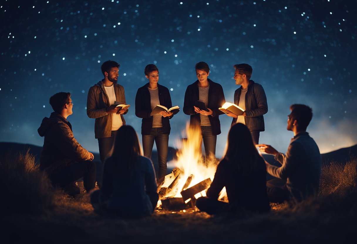 Christians gather around a glowing campfire, holding Bibles and sharing words of comfort. The night sky is filled with stars, creating a peaceful and serene atmosphere