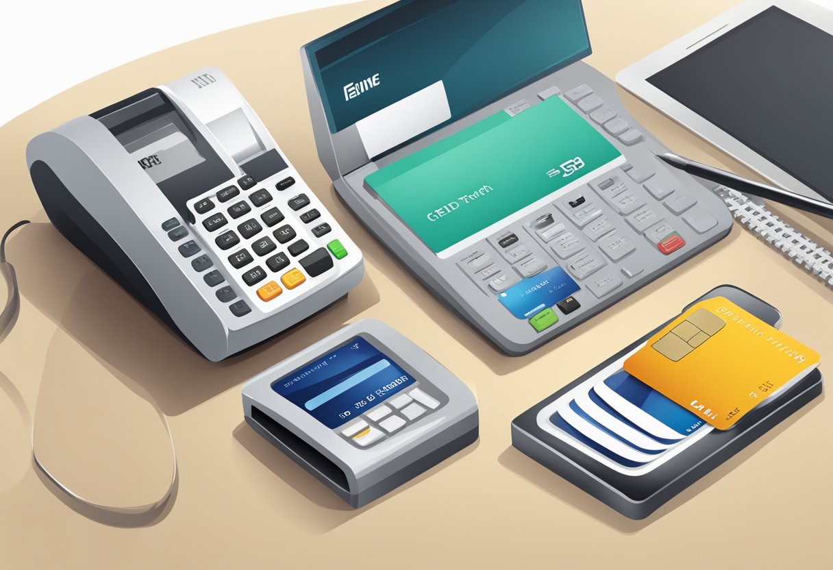 A modern, sleek credit card machine for personal use on a clean, uncluttered desk with a computer and smartphone nearby