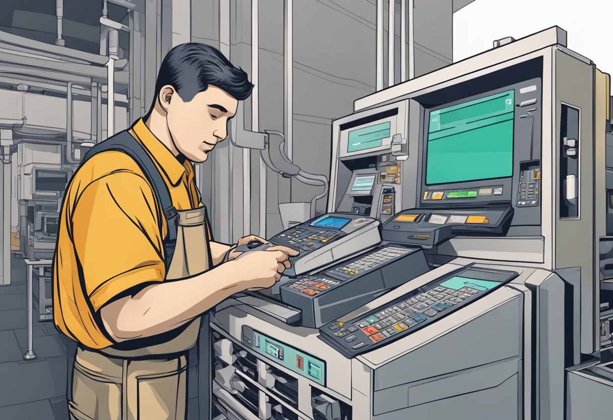 A technician fixing a card machine for an individual