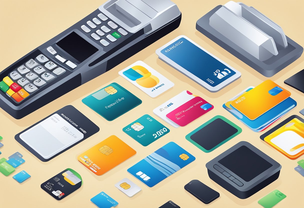 A modern, sleek card machine for personal use, surrounded by various payment cards and a smartphone, symbolizing the evolution of the card machine market