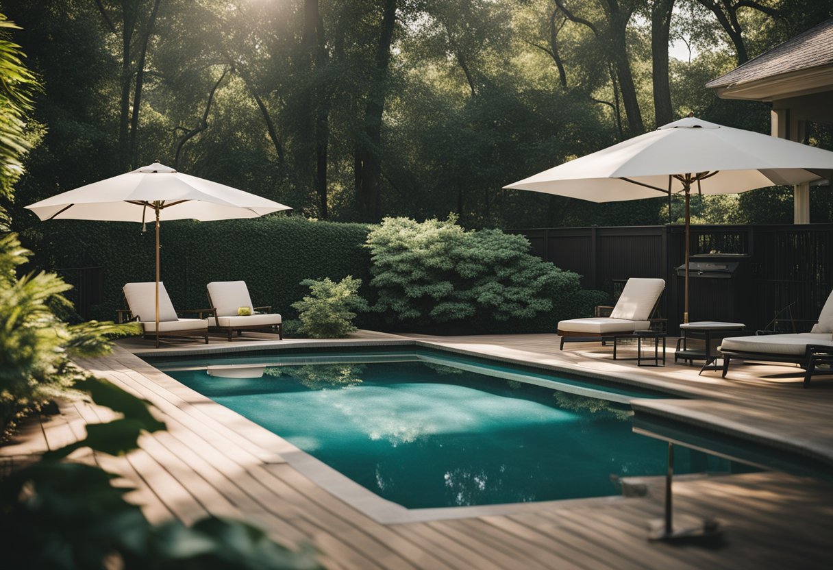 A sparkling pool surrounded by lush greenery and elegant deck chairs in the warm sun of Marietta