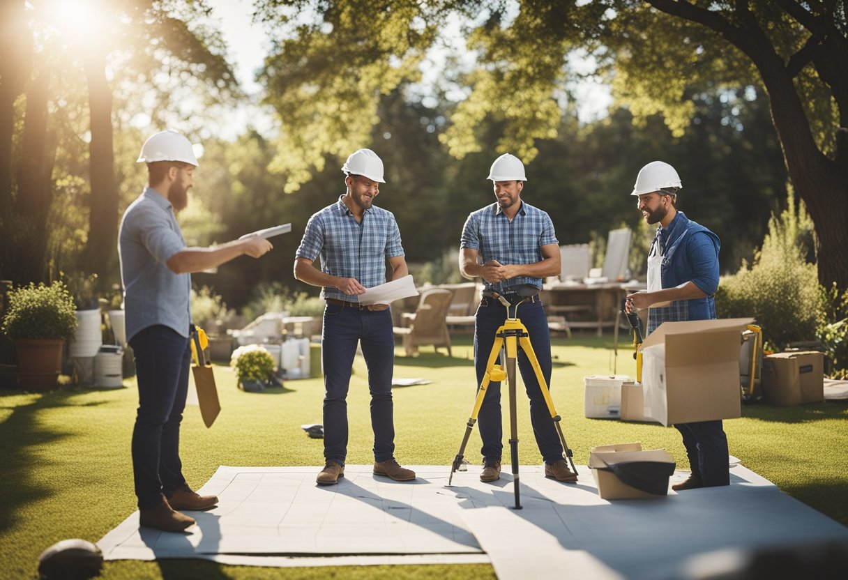 A sunny backyard with a cleared area marked for a pool, surrounded by measuring tools, blueprints, and a team of workers discussing the installation process