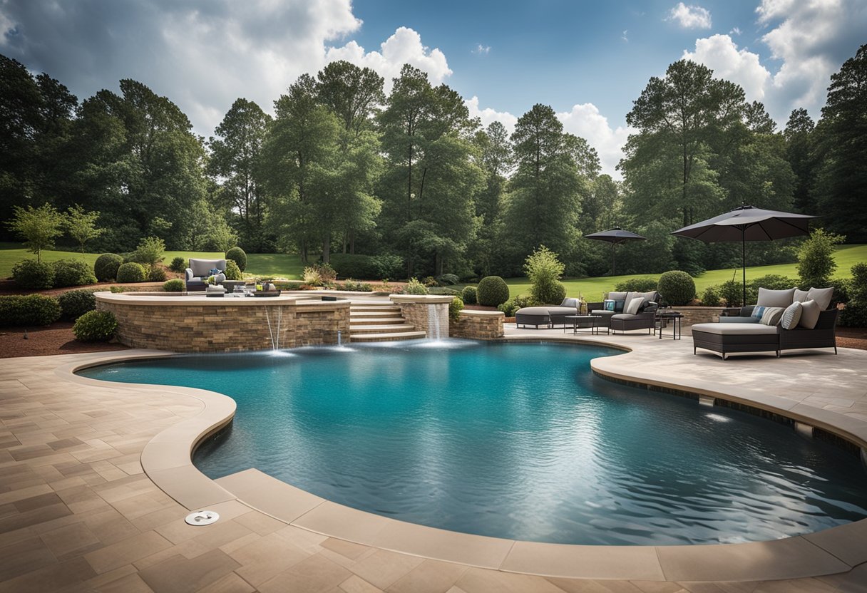 A luxurious pool with a sleek slide and elegant hardscape design, showcasing the importance of quality service in Cobb County