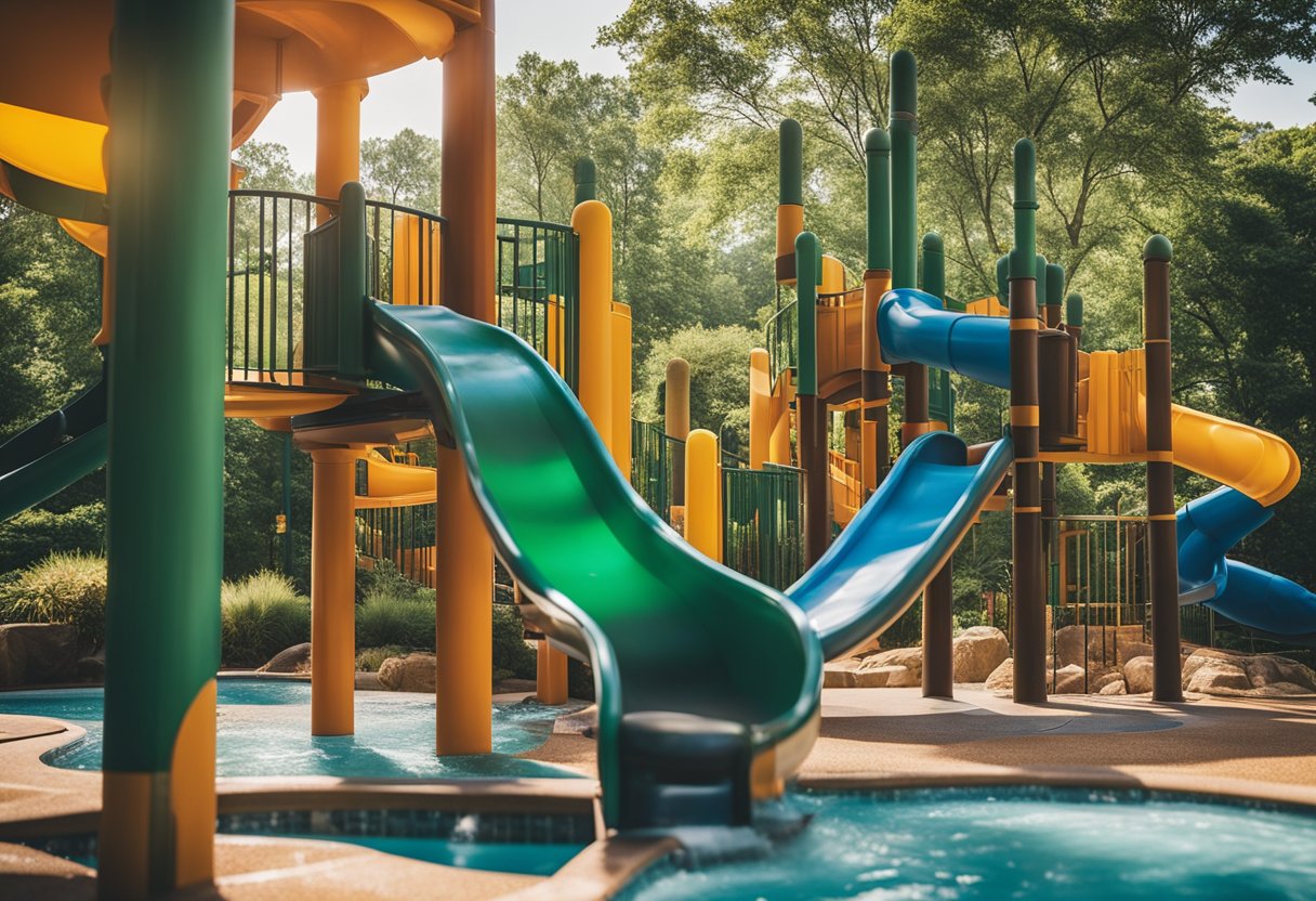 Children playing on colorful slides in a vibrant pool area surrounded by hardscapes and lush greenery in Cobb County