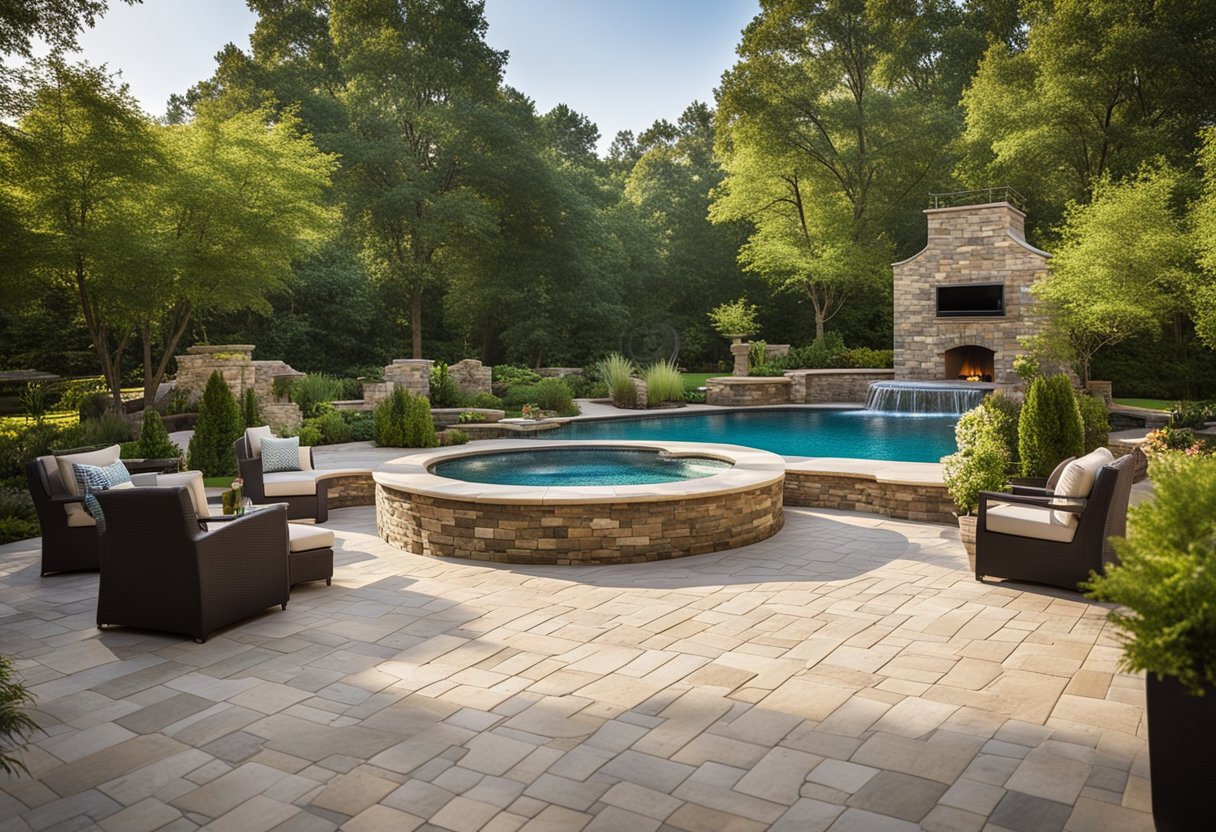 The pool area features a variety of hardscapes, including stone pavers, concrete decking, and decorative tiles. The layout is surrounded by lush landscaping and includes seating areas and a water feature