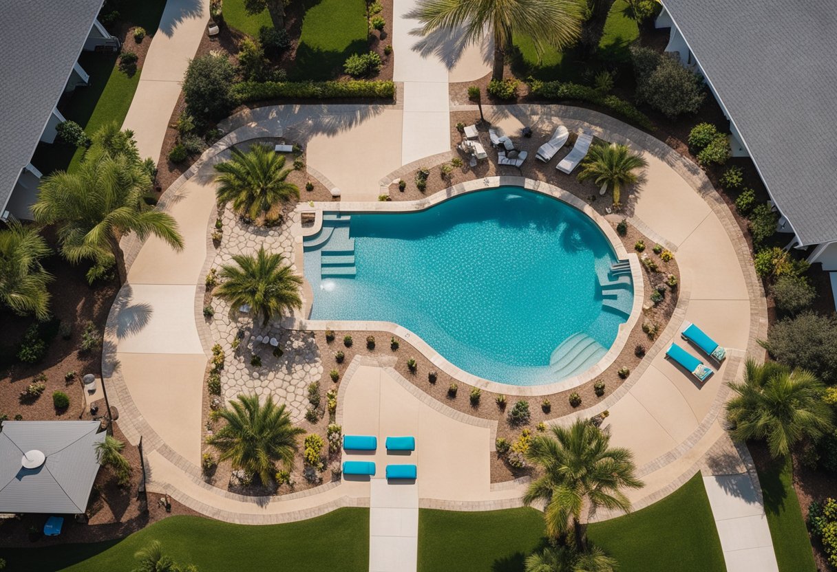 Aerial view of Polk County's pool hardscapes with intricate tile patterns, lush landscaping, and inviting lounge areas