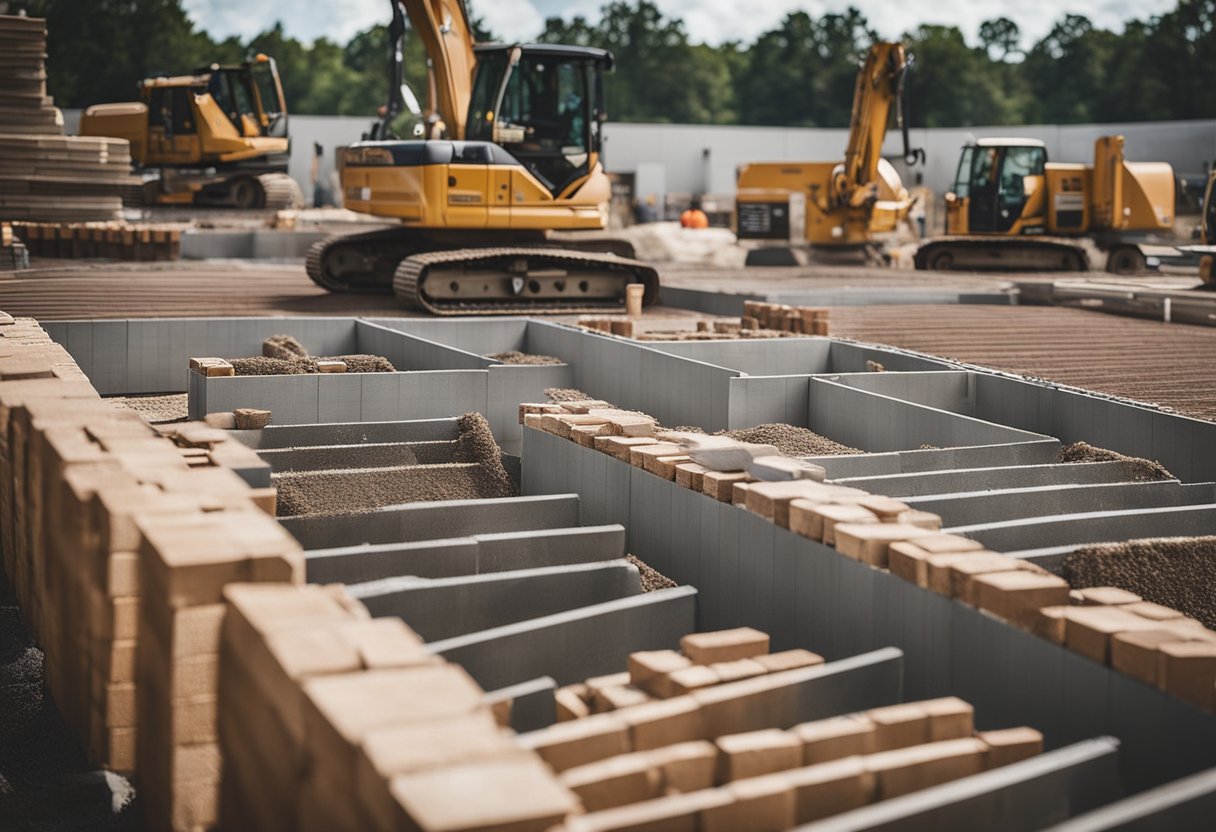 Construction workers lay bricks and pour concrete for a pool hardscape in Polk County. Machinery and tools are scattered around the site