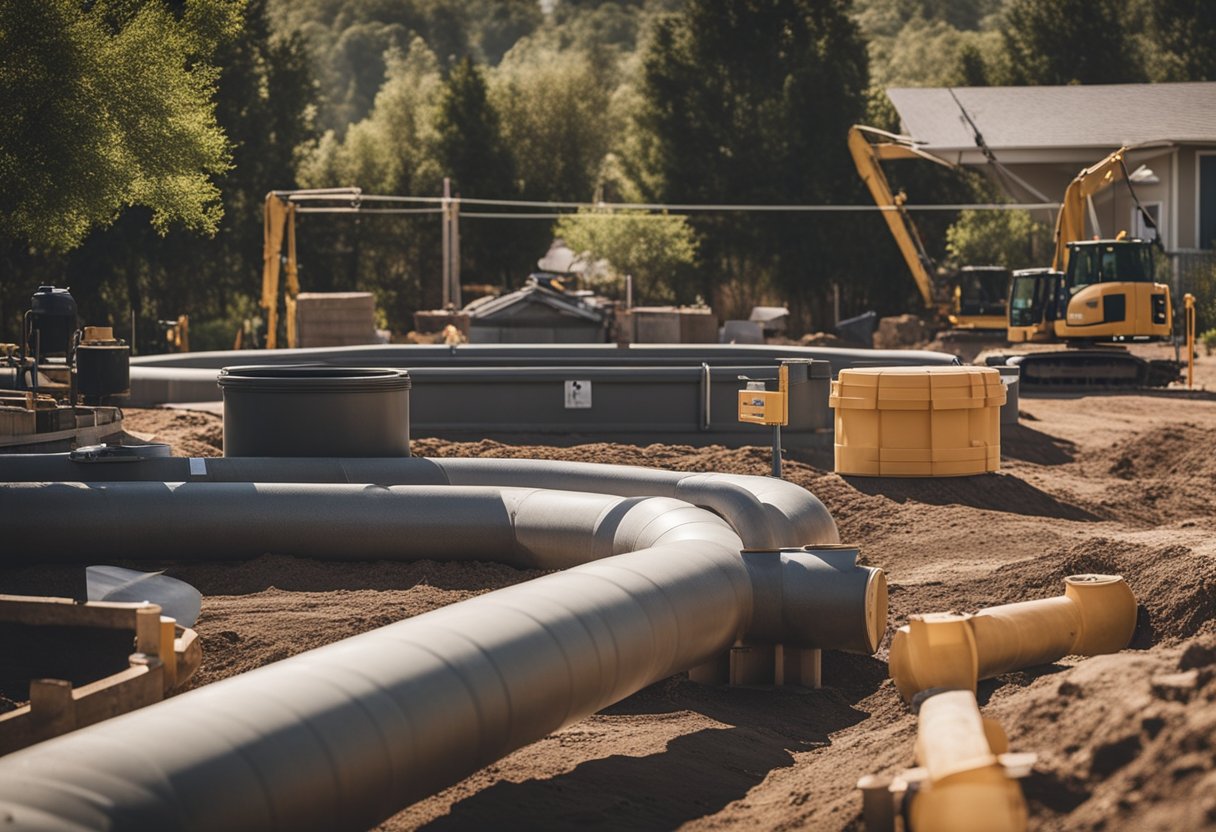 A septic tank sits in a yard, while a pool is being constructed nearby. Pipes and equipment are scattered around the area