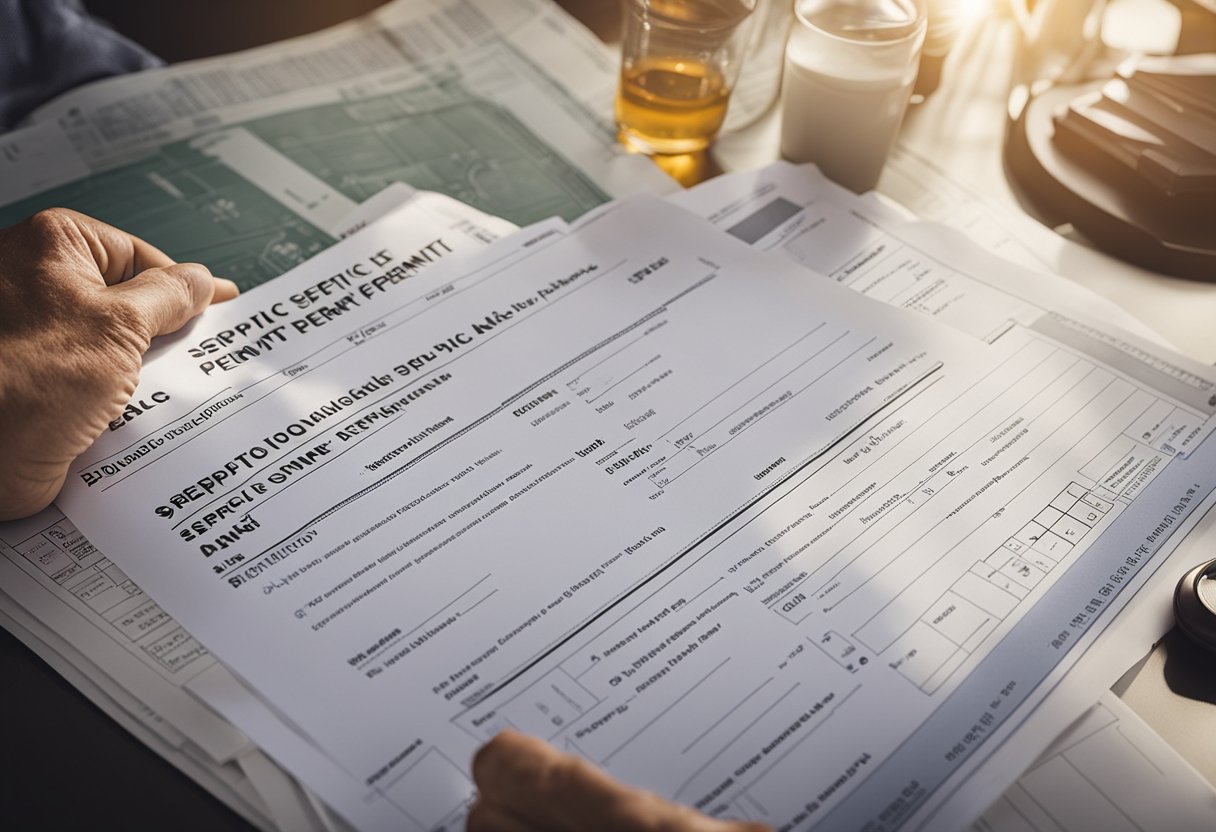 A homeowner holds a septic tank permit while pointing to a pool design. Documents and regulations are scattered on a desk