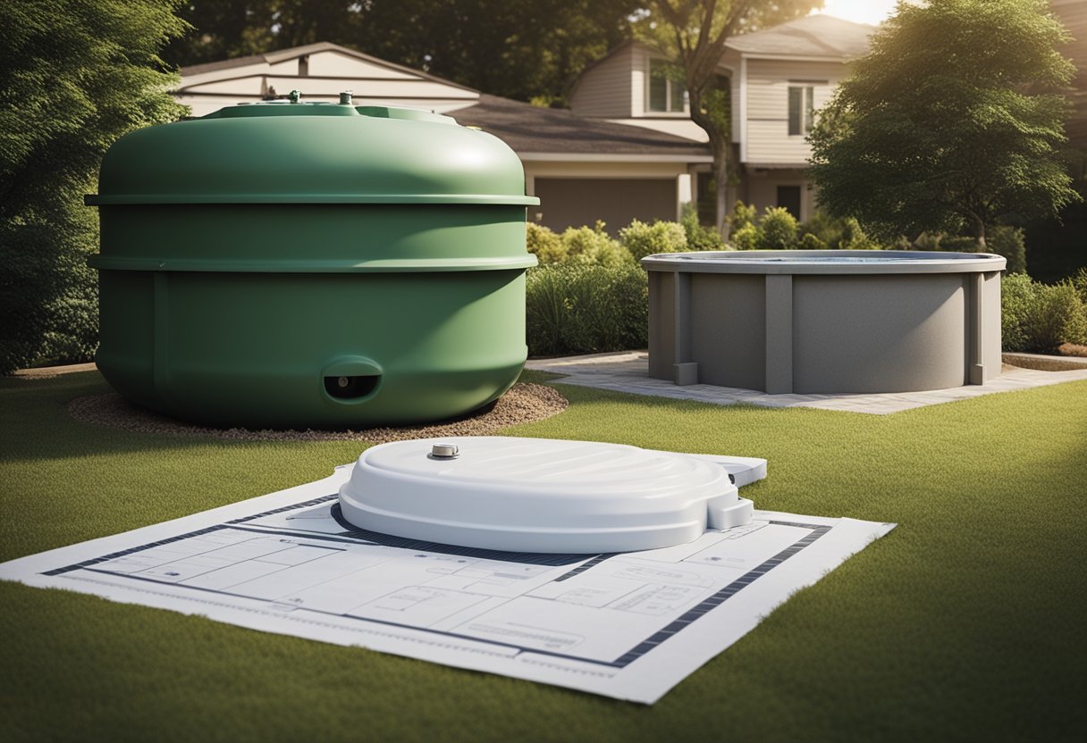 A septic tank sits in the yard, while blueprints for a pool are spread out nearby