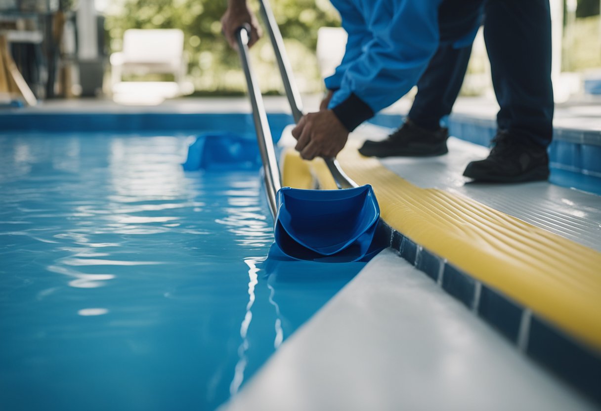 A crew lays down a smooth, blue vinyl liner in a dug-out pool, carefully smoothing out any wrinkles or air bubbles