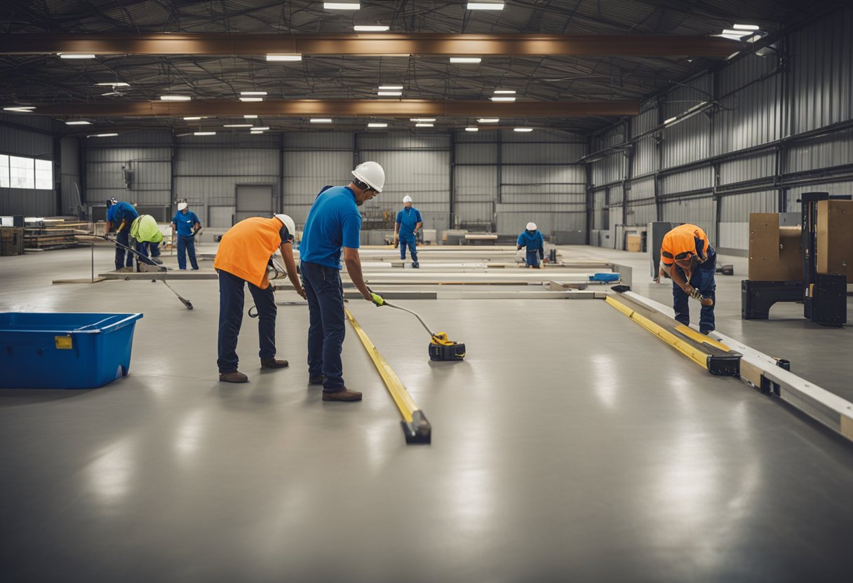 A group of workers measure and mark the area for a vinyl pool installation. Equipment and materials are organized nearby for the upcoming construction