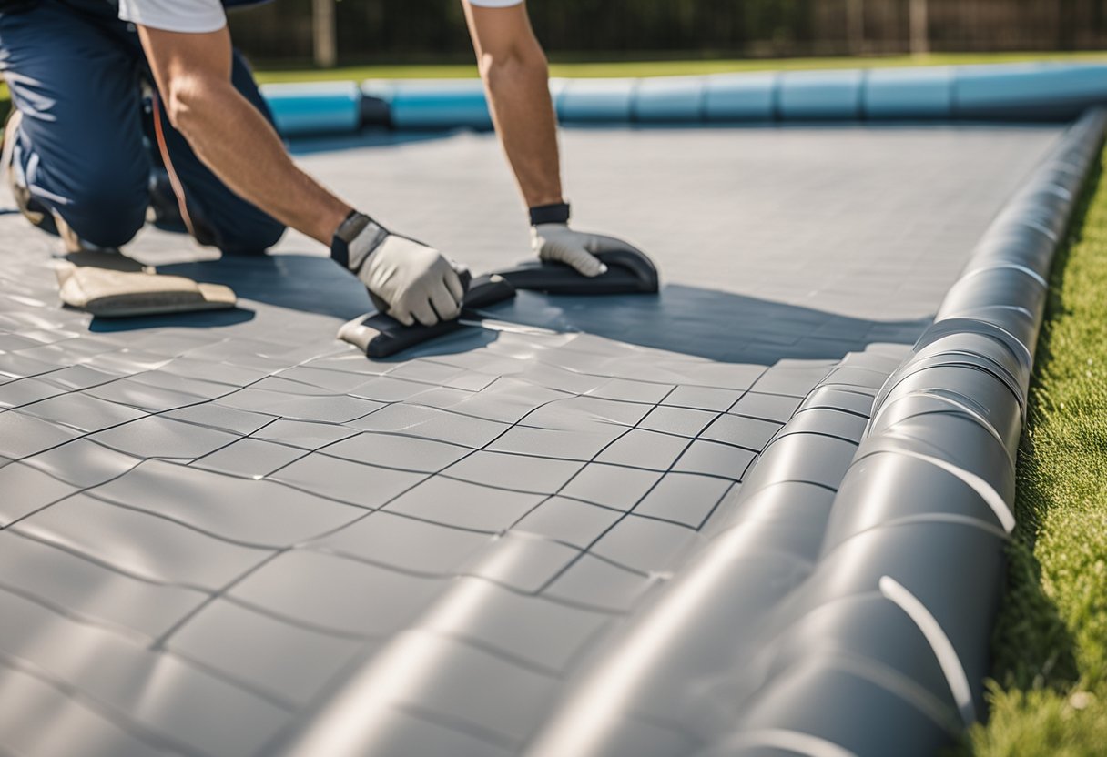 Workers lay out vinyl pool liner, smoothing out wrinkles and securing edges. Tools and equipment scattered around the pool area