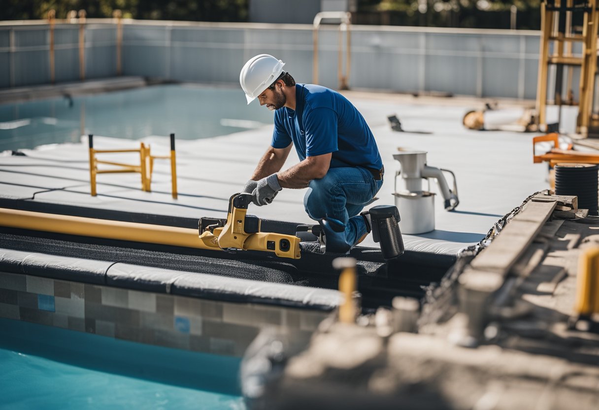 A vinyl liner pool is being installed with workers smoothing out the vinyl liner and attaching it to the pool walls. The pool is surrounded by construction equipment and materials