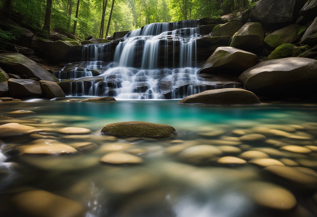 Crystal-clear water cascades over smooth rock, creating natural pool slides in Acworth. Sunlight dances on the surface, surrounded by lush greenery