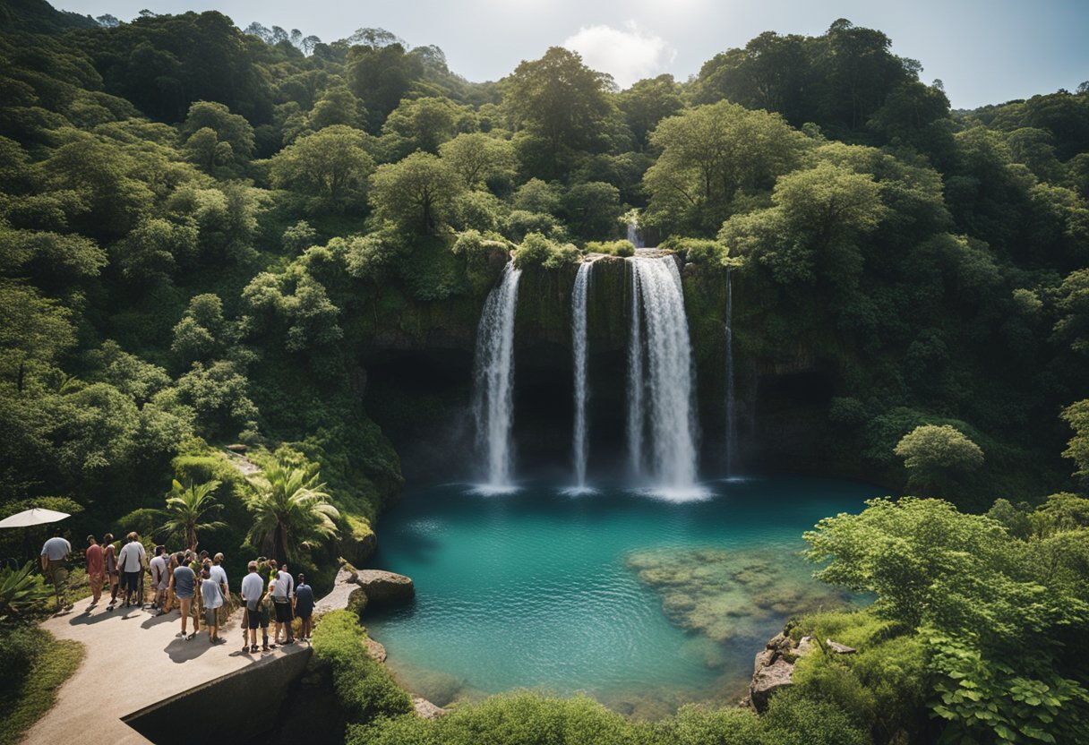 A group of people gather at the edge of a clear, natural pool, surrounded by lush greenery. A small waterfall cascades into the pool, creating a series of smooth, natural rock slides for visitors to enjoy