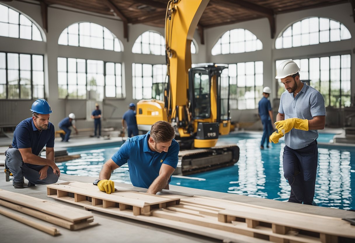 A team of workers installs a pool at Villa Ricca, using heavy machinery and precision tools. The site is bustling with activity as they carefully measure and position the pool components