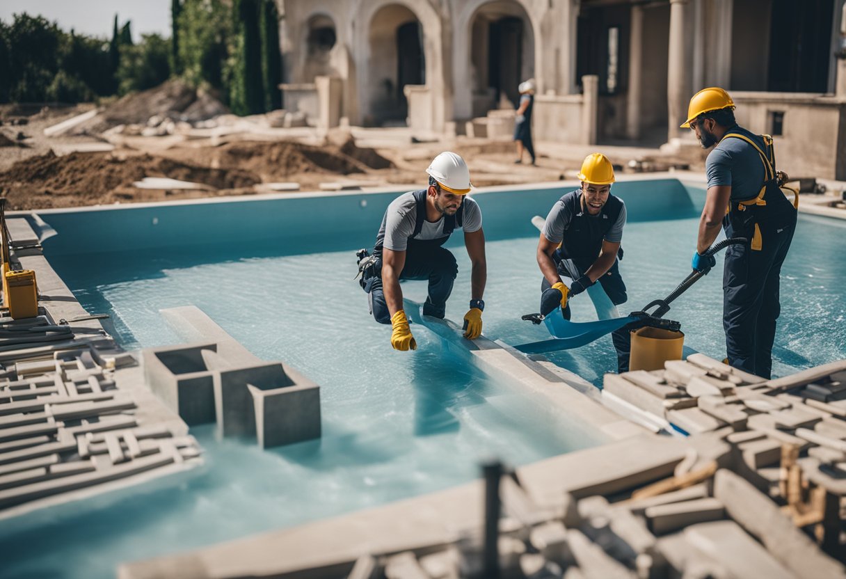 A team of workers installs a luxurious pool at Villa Ricca, surrounded by construction materials and equipment