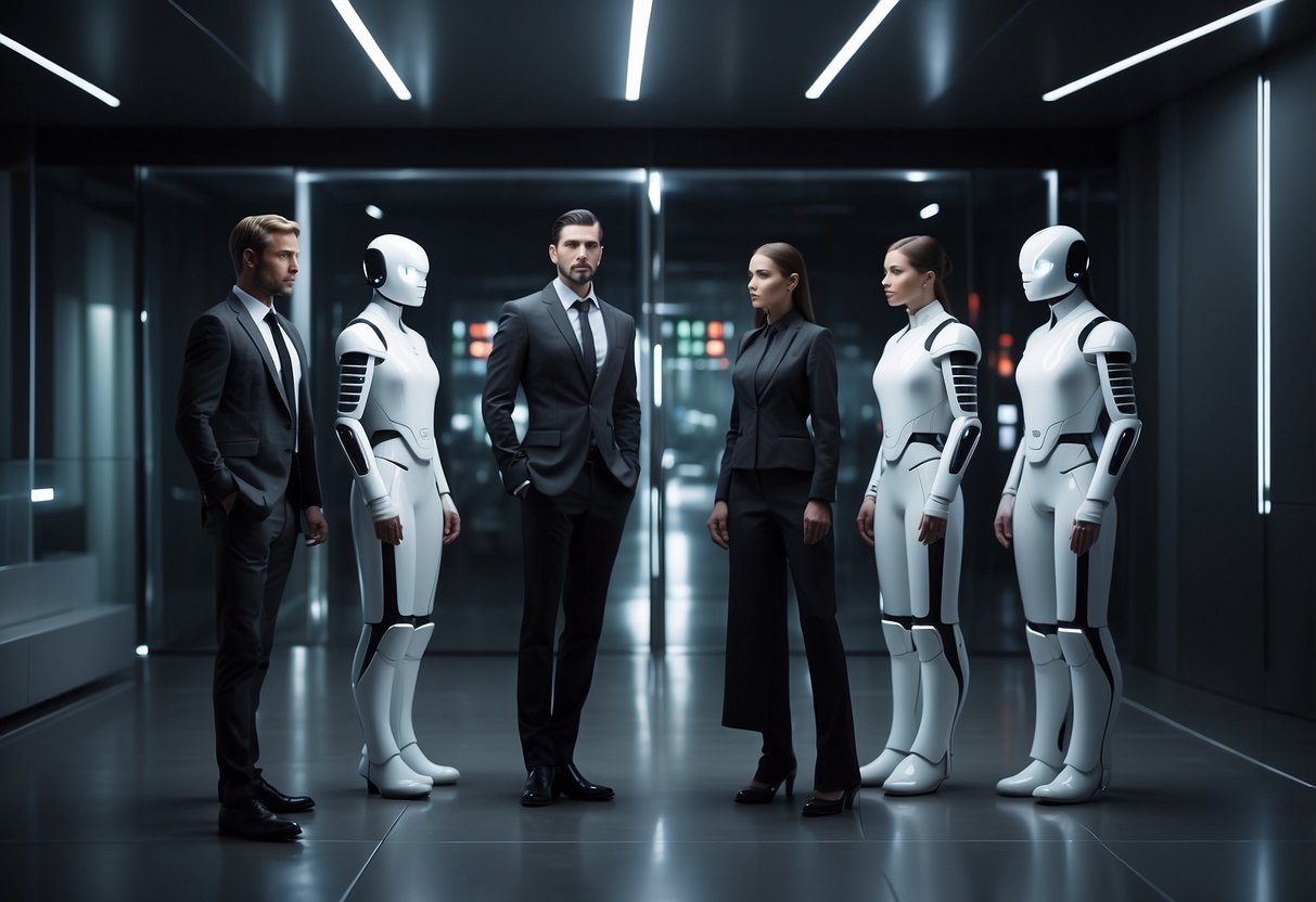 AI voice sales agents line up in a futuristic office, each with a unique logo behind them. The sleek, modern design of the room gives off a professional and advanced atmosphere