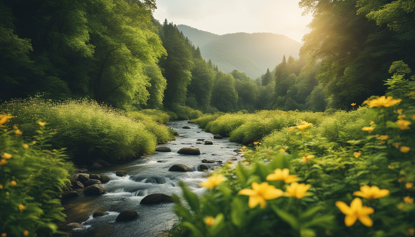 A serene forest with a flowing stream, surrounded by lush greenery and vibrant flowers, symbolizing the natural detoxification process of the body
