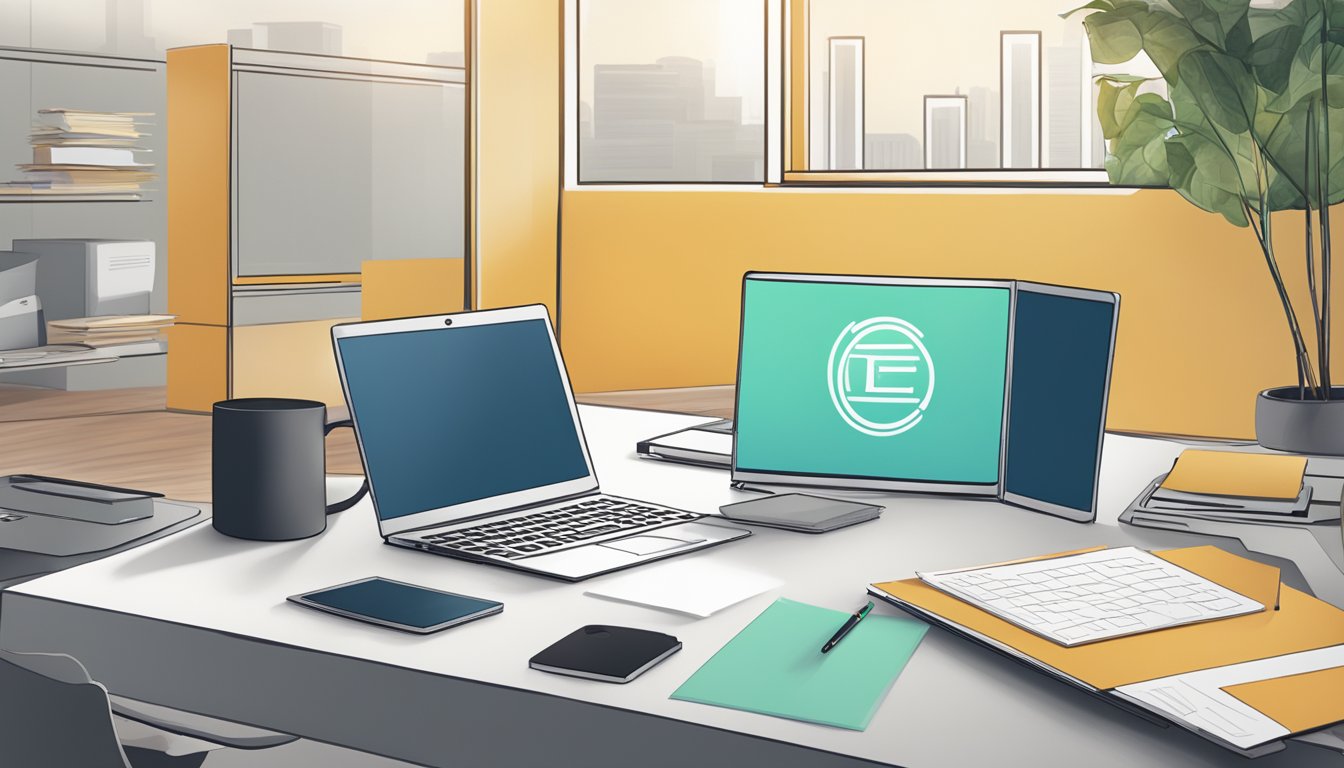 An office desk with a laptop, pen, and paper. A logo of FynergyCapital.com displayed on the laptop screen