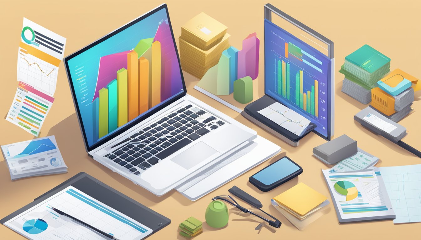 A laptop displaying FynergyCapital.com's loan offers, with charts and graphs showing interest rates and repayment terms. A calculator and paperwork are scattered on the desk