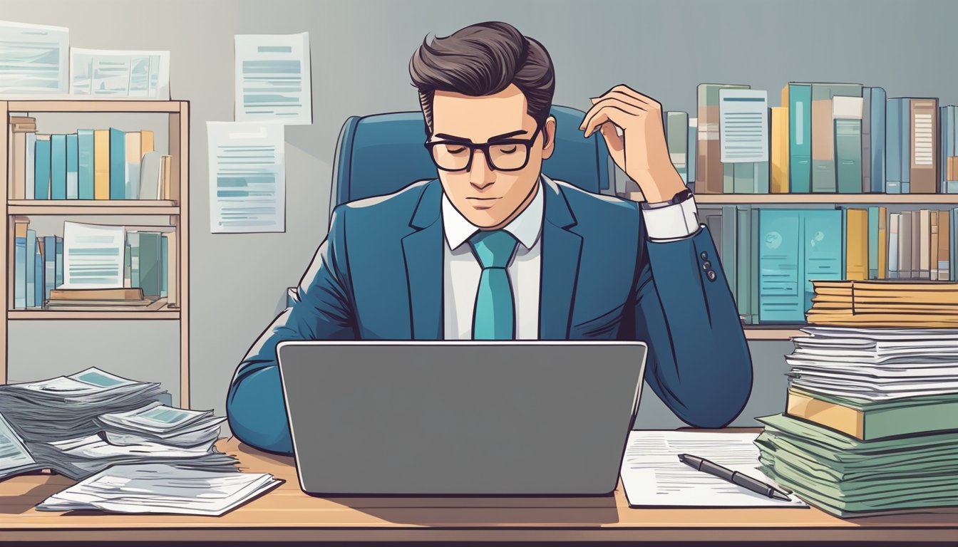 A businessman sits at a desk, surrounded by financial documents and a laptop. A bank representative discusses loan options with him