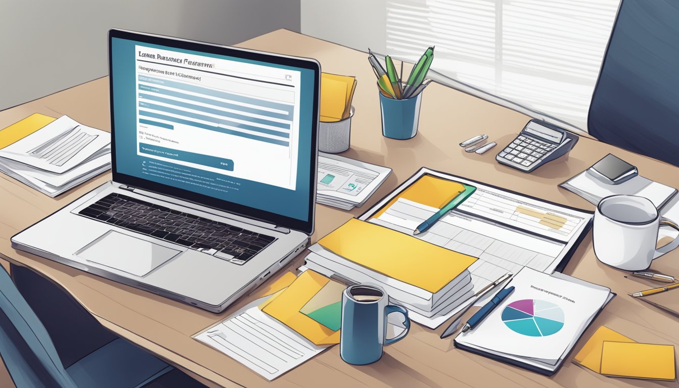 A laptop displaying FynergyCapital.com homepage with business loan application form. Office desk with pen, paper, and calculator