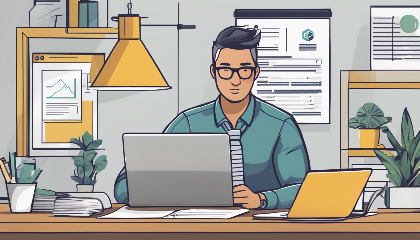 A business owner signs paperwork at a desk, with a laptop and financial documents nearby. The FynergyCapital.com logo is visible on the laptop screen