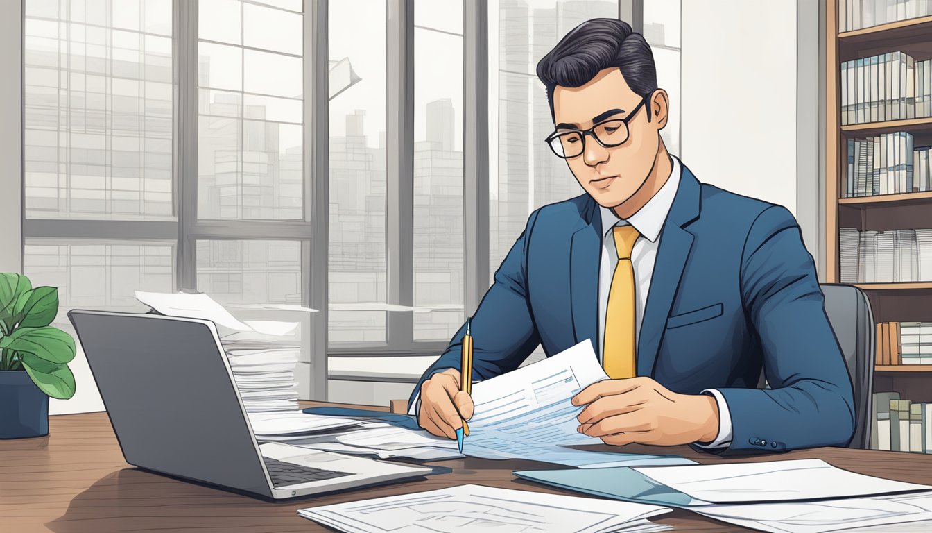 A businessman reviews a document titled "Poss.sg SME Business Loan SG" with a serious expression, sitting at a desk with a pen in hand