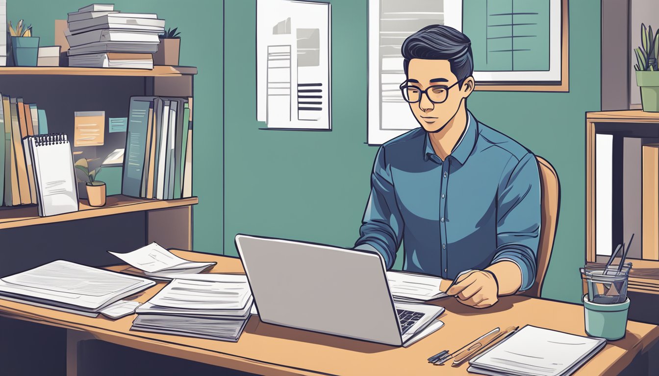 A business owner sits at a desk, reviewing Poss.sg SME Business Loan SG. Papers and a laptop are spread out in front of them, with a look of determination on their face