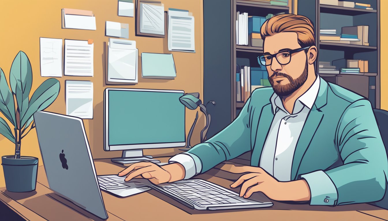 A business owner sits at a desk, surrounded by paperwork and two laptops. On one screen, they compare loan offers on Poss.sg. A thoughtful expression crosses their face as they consider their options