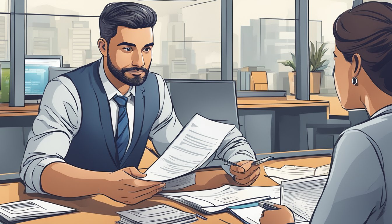 A small business owner eagerly presents financial documents to a bank officer, who reviews them with a focused expression
