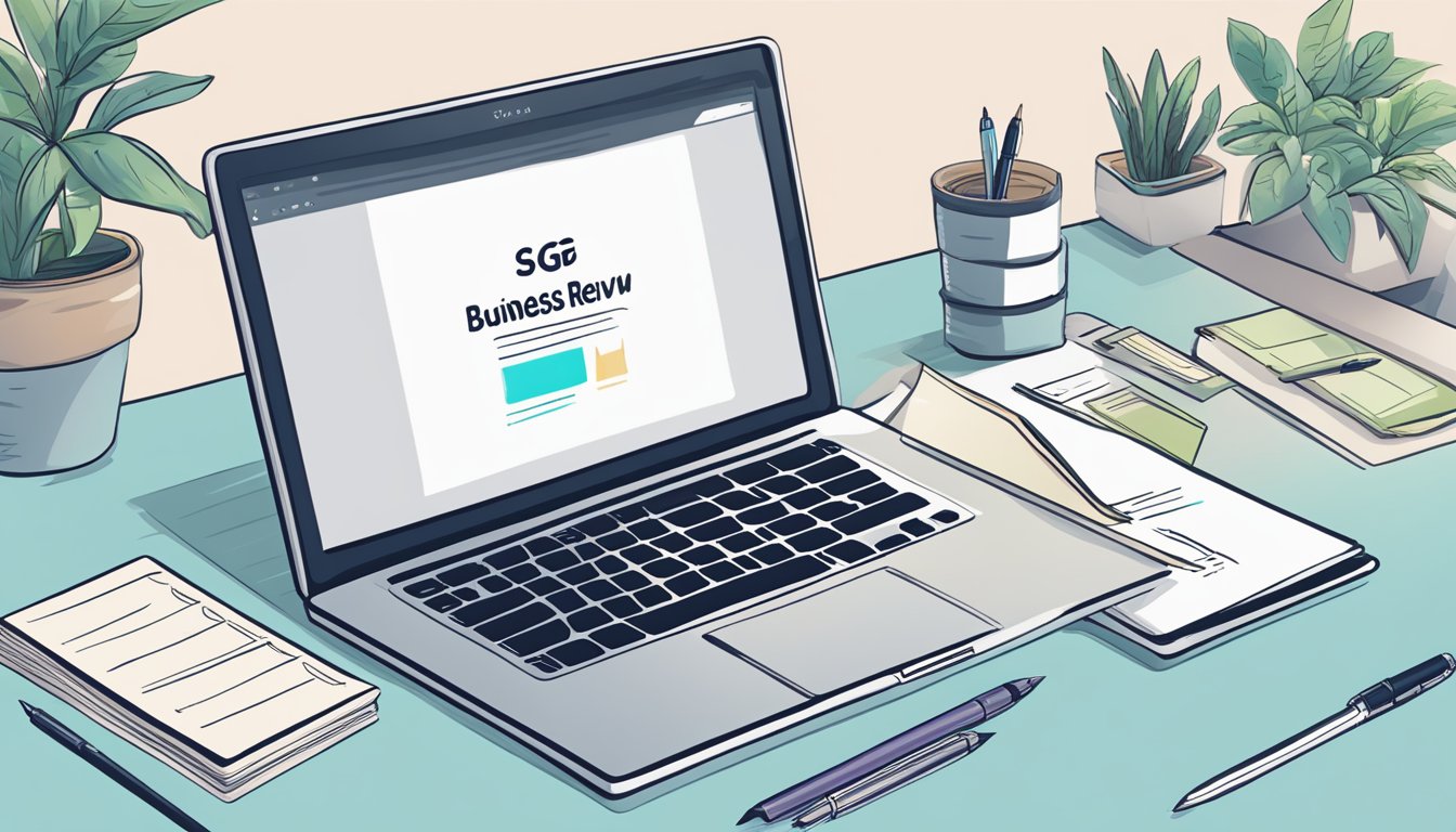 A laptop displaying Sg.Lendela.com with a business loan review. A pen and paper nearby for note-taking